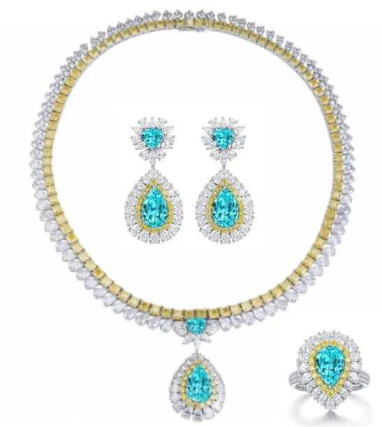 Gemfiori Bridal Jewelry Set for Women Ring Necklace Earrings Lab Grown Paraiba Vintage Jewelry for Engagement Wedding Party Gift Idea