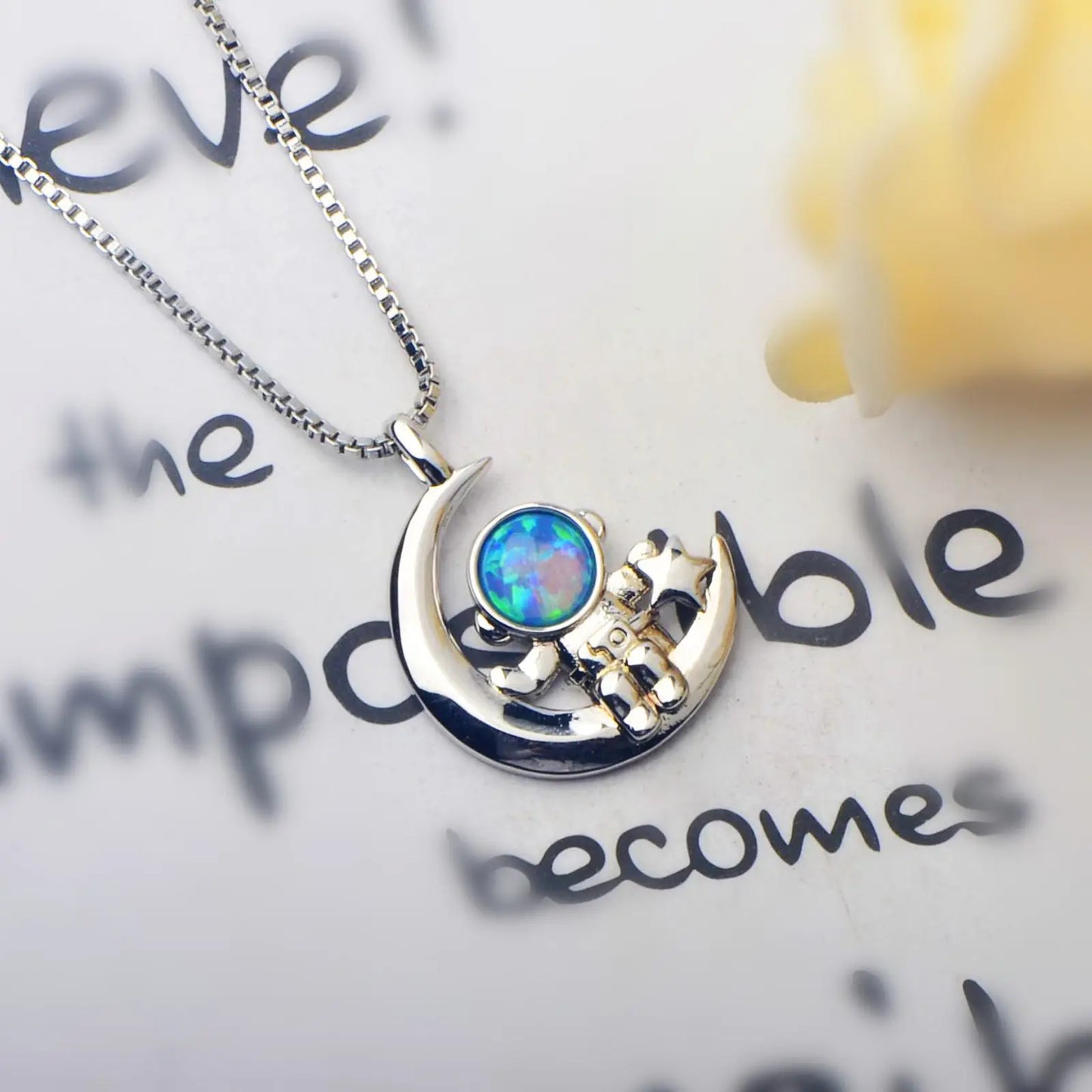 Ins Style Blue Opal Spaceman Necklace - Trendy Nightingale Charm Statement Jewelry Bulk