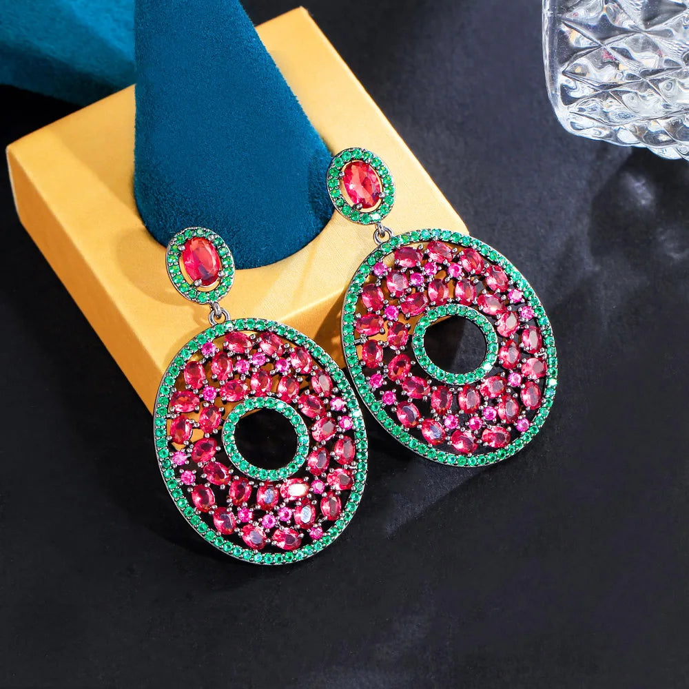 S&S Red & Green Oval CZ Big Dangle Drop Earrings – Black Gun Plated – Collection