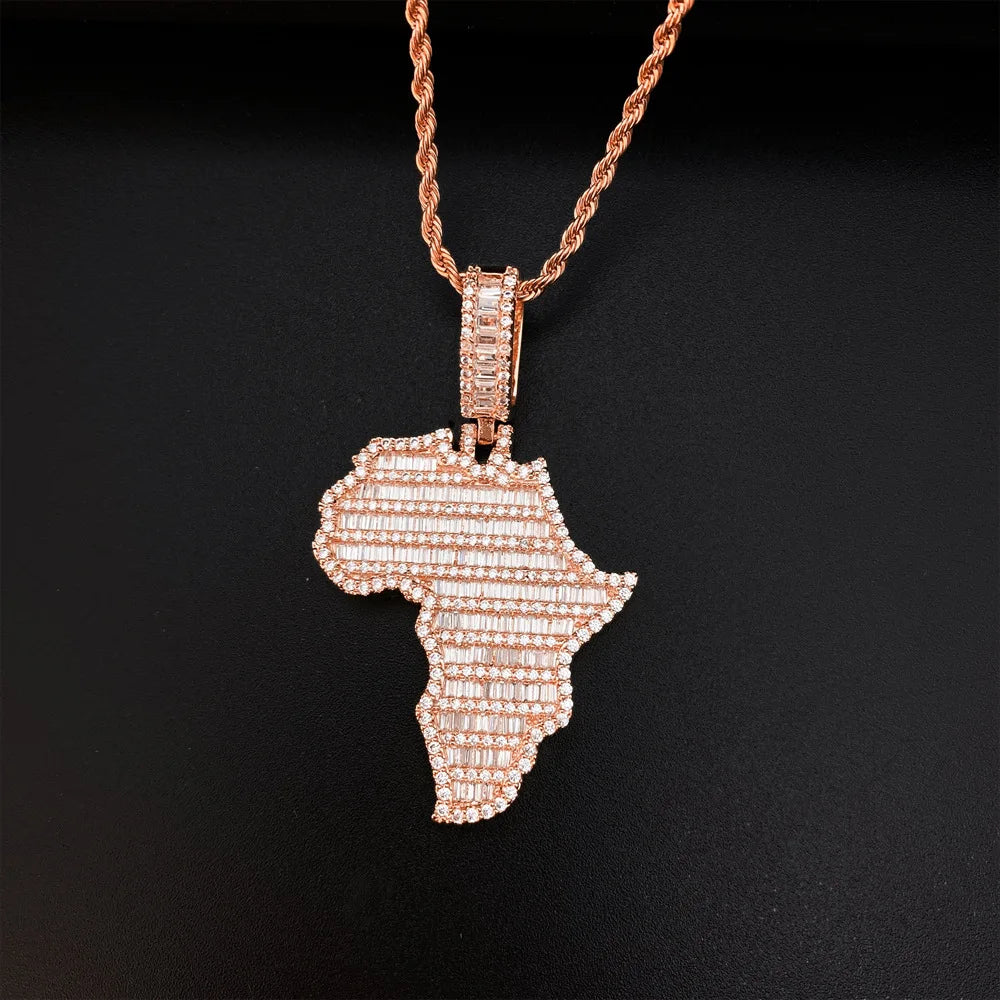 Light Luxury Zircon Brass Hip-Hop Necklace Africa Map Shaped Pendant Gold Plated Necklace