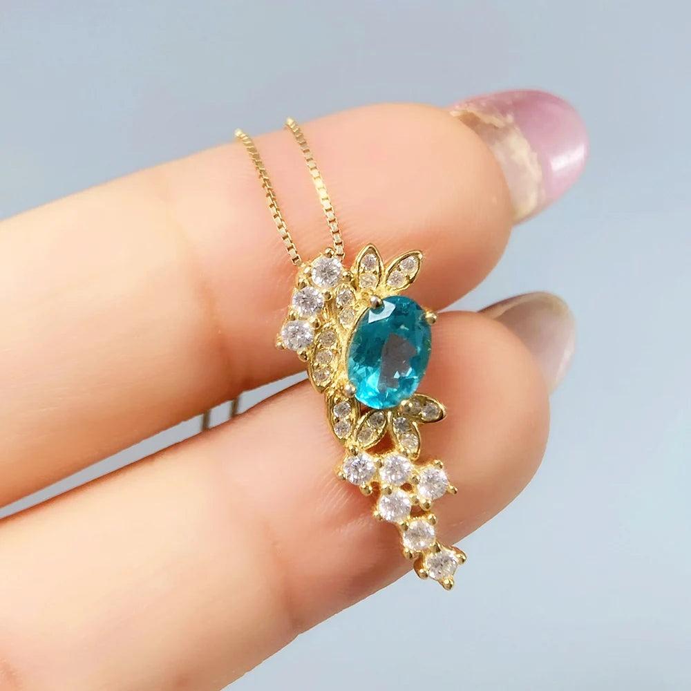 Gioiellieri Natural Apatite Pendant S925 Sterling Silver Necklace for Women Fine Jewelry Anniversary Birthday Gift Neon Blue Stone Newest