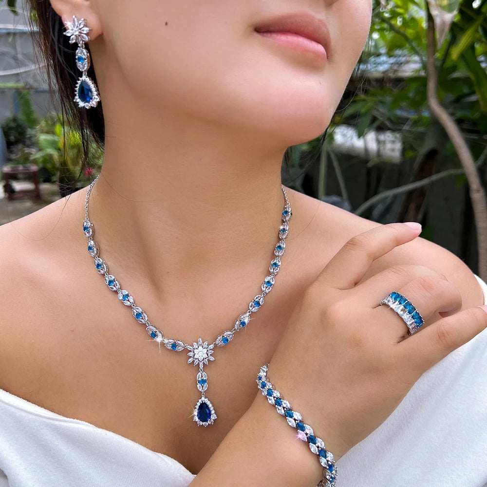 4pcs Bridal Jewelry Set for Wedding Blue Stone CZ Cubic Zircon Ring Earring Bracelets Necklace for Women Jewelry Accessories
