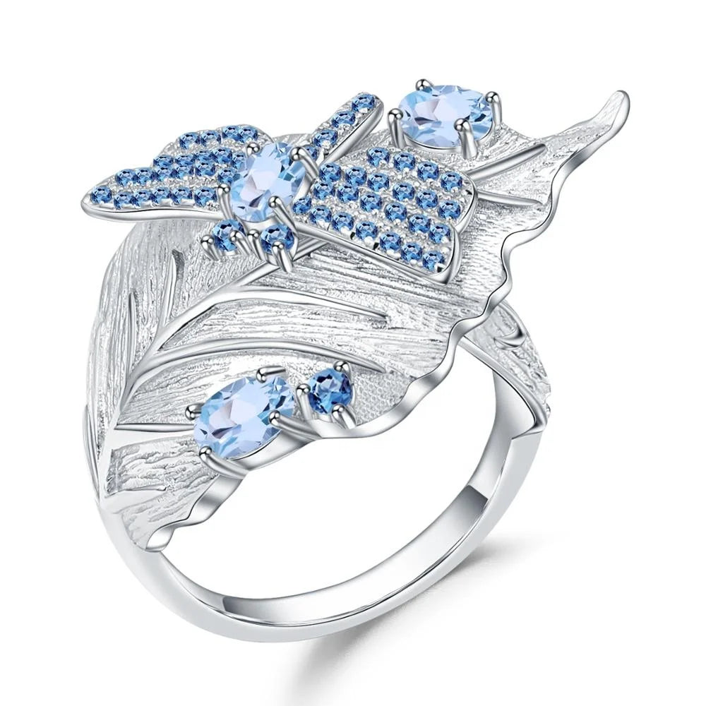 ArtistA Abiding Custom Designer Style 925 Silver Leaf Shaped Swiss Blue Topaz Dragonfly Necklace Earring Ring Jewelry Set for Women