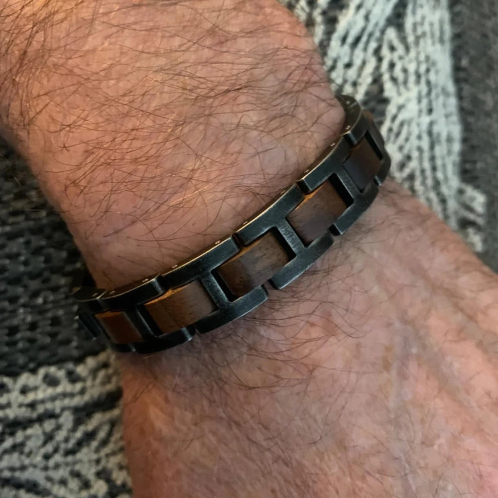 REBEL Distressed Craftsmanship Vintage Jewelry Personalized Custom logo Stainless Steel Walnut Wood Bracelet