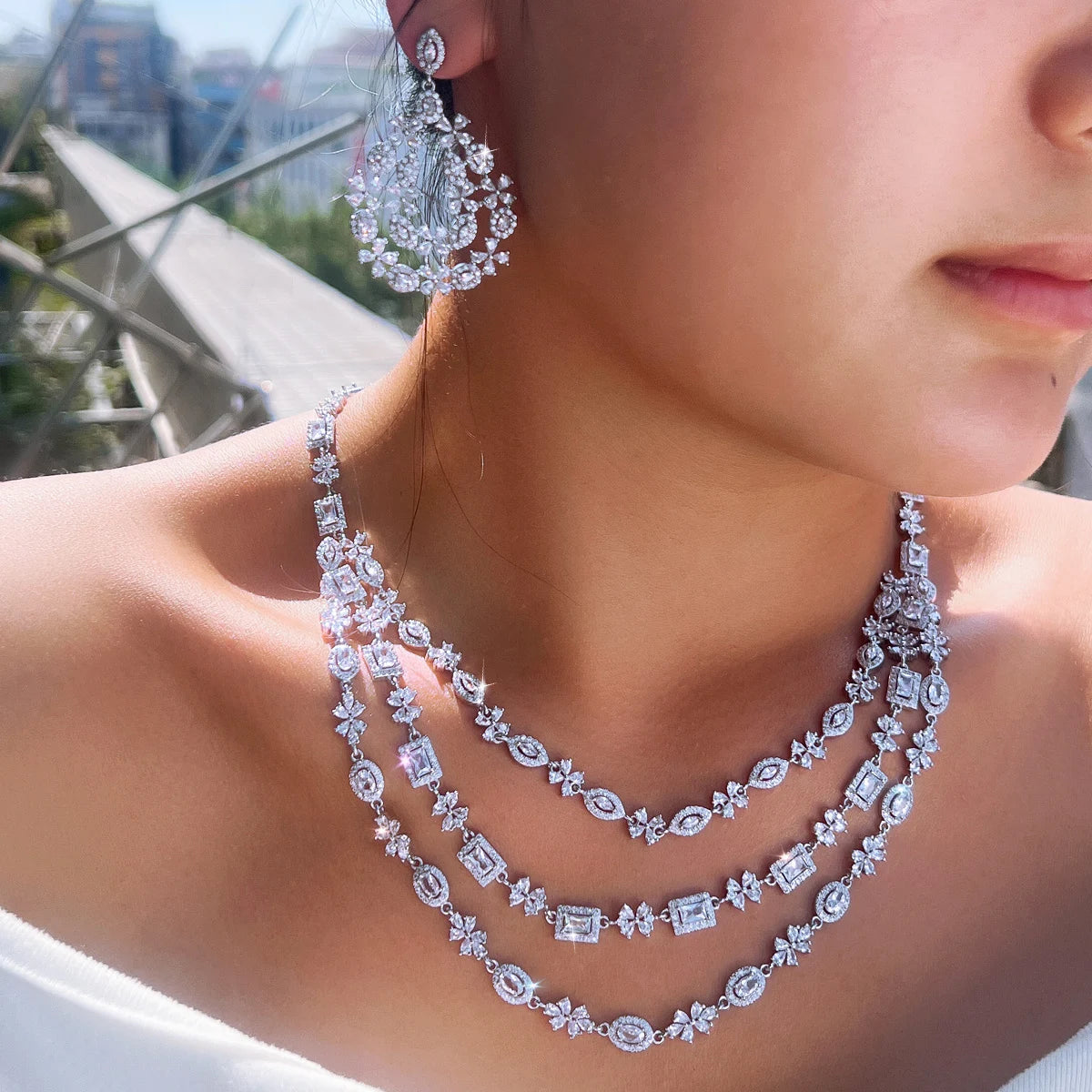 Shiny Cubic Zircon Dubai 3 Layered Wedding Necklace and Earrings Bridal Big Jewelry Sets for Women Luxury Jewellery