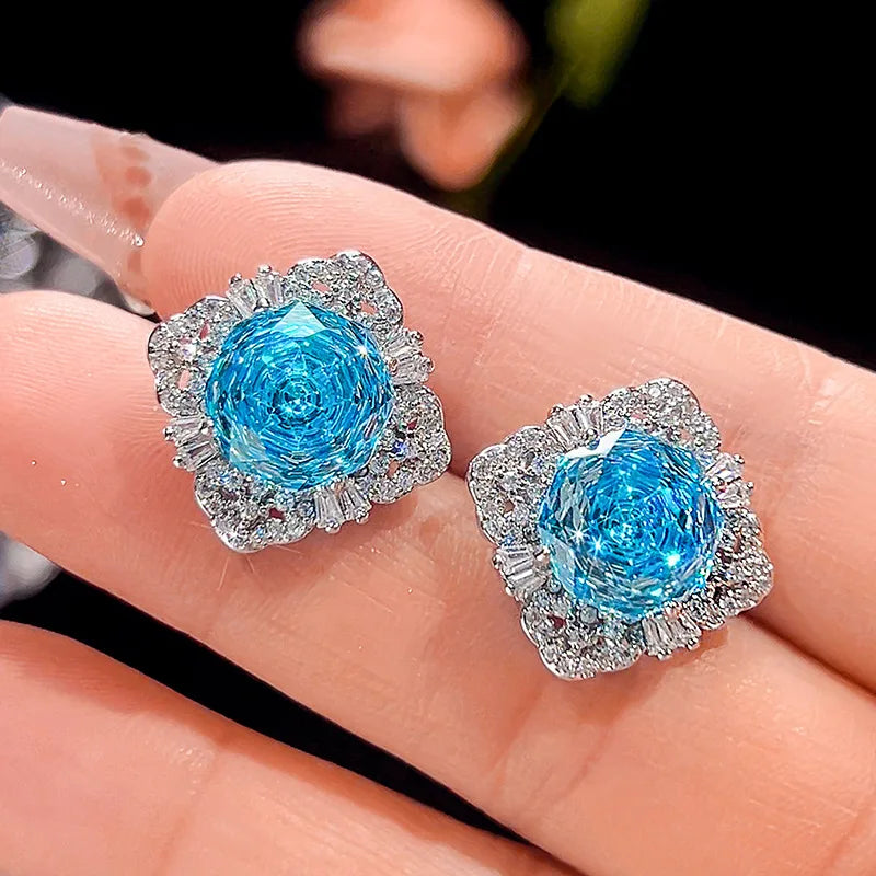 Gemfiori Luxury Korean Style Necklace Ring Earring Sea Blue Zircon French Retro Women's Elegant Set