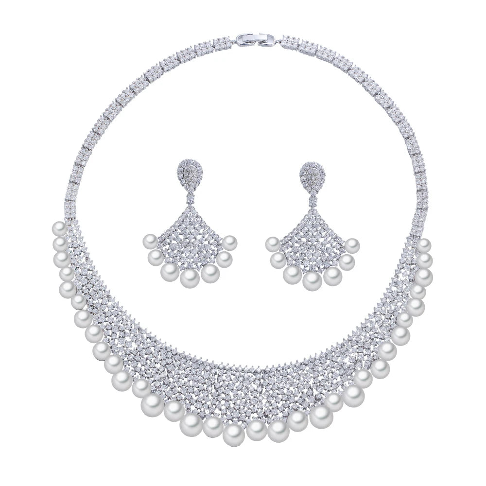 Super Luxurious White Cubic Zirconia Necklace and Earrings Imitation Pearl Wedding Bridal Big Jewelry Set for Women Jewellery