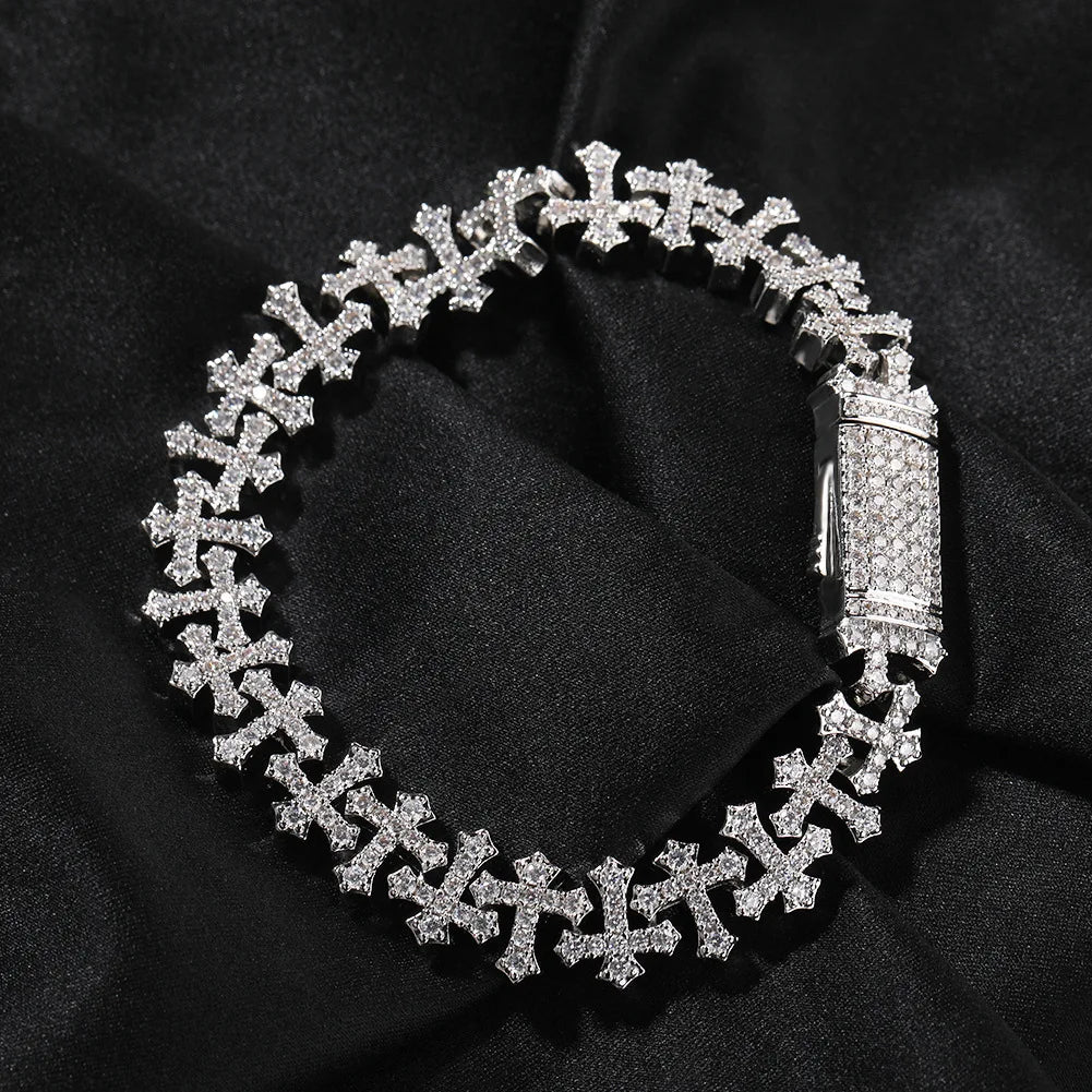 REBEL VIKING Micro Paved Zircon Cross Chain Bracelet – Gold & Silver Hip Hop