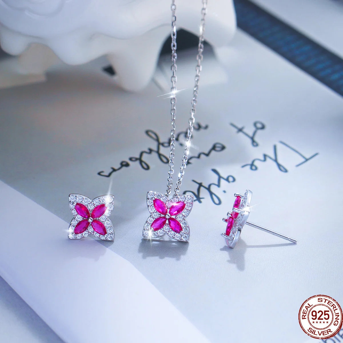 S&S 925 Sterling Silver Hot Pink Four-Leaf Clover CZ Jewellery Set – Necklace & Earrings – Collection
