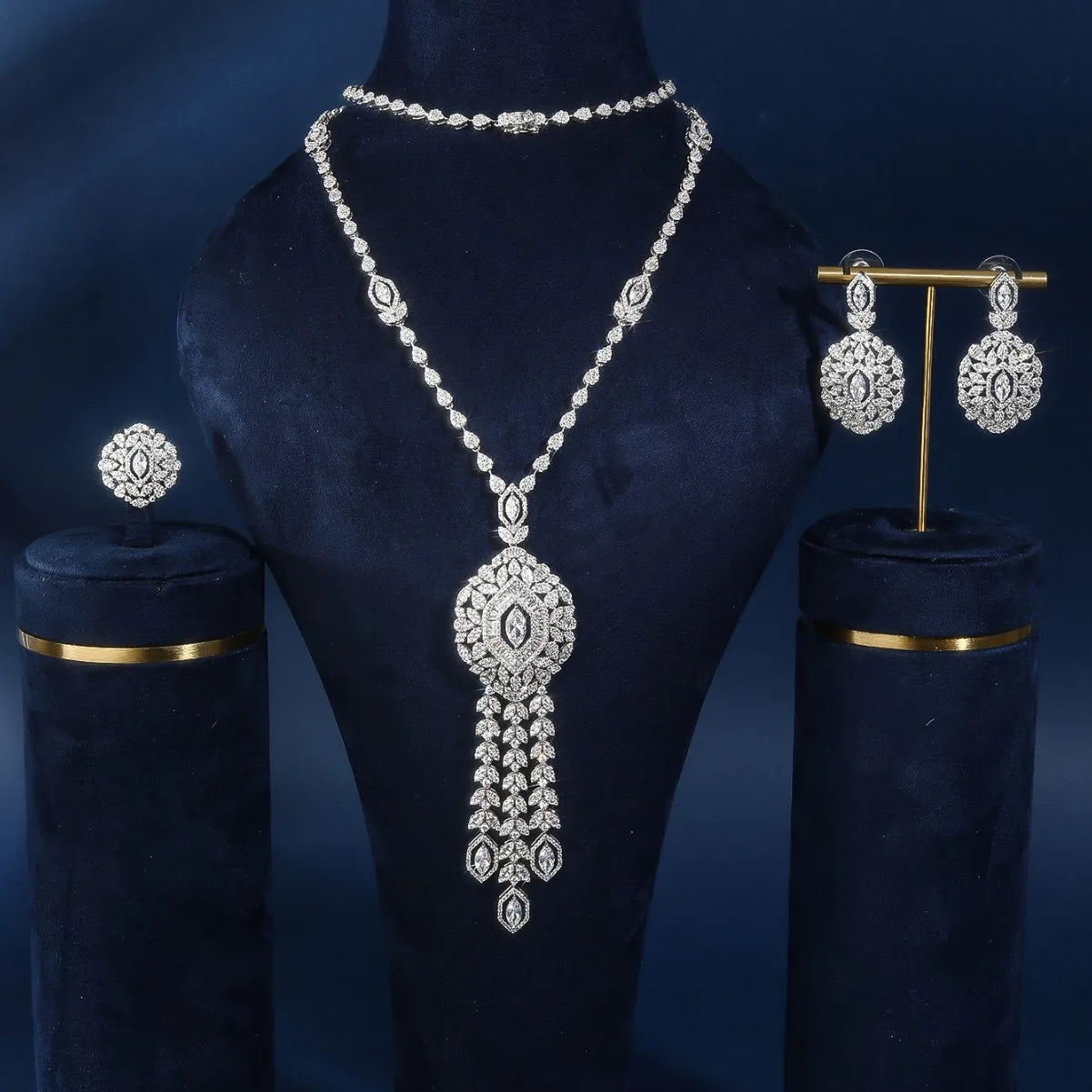 Long Tassel Necklace Set for Women's Cubic Zirconia Bridal Jewelry Trendy Sweater Necklace with Pendant