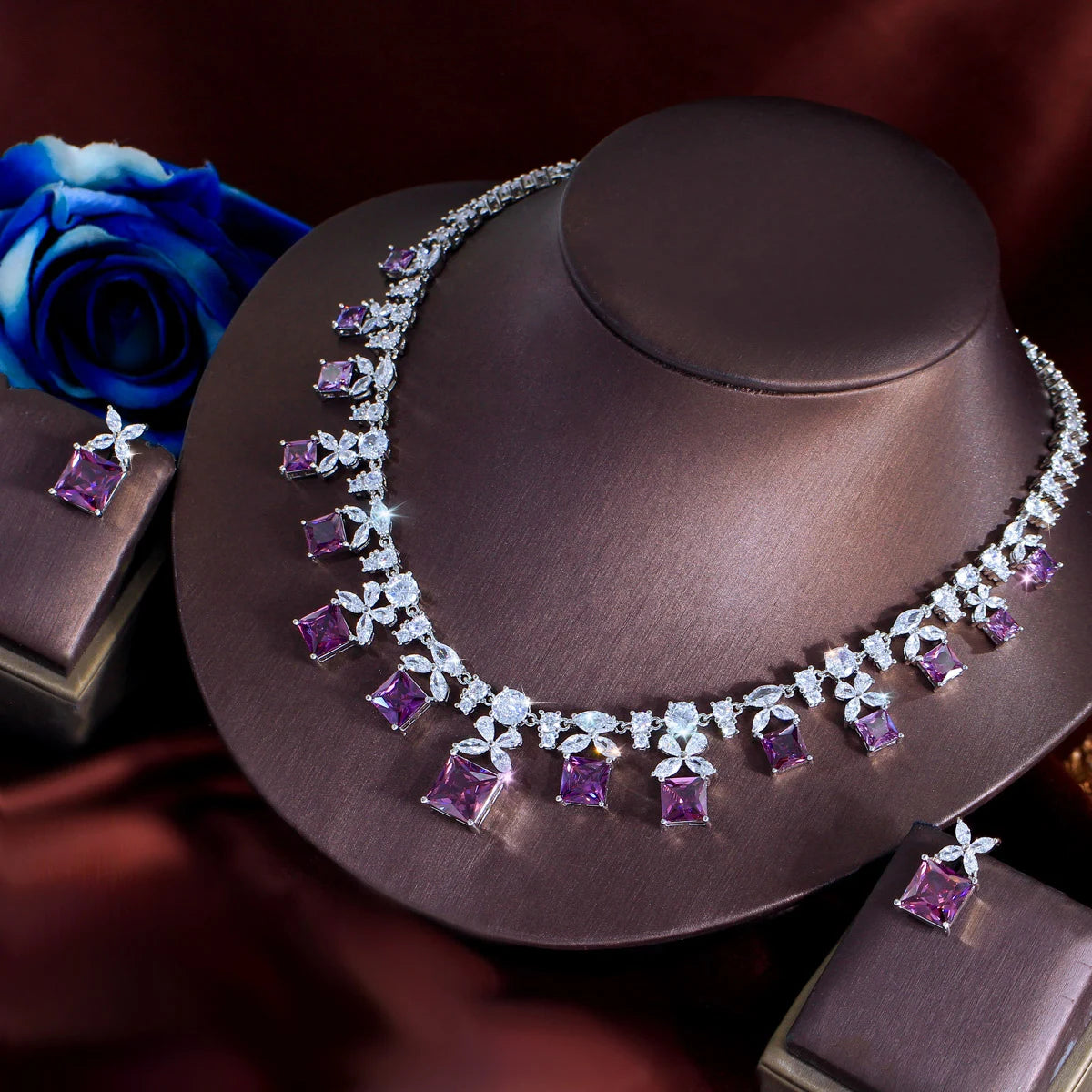 Wholesale Luxurious Designs Square Cubic Zircon Bridal Purple Jewelry Set for Women Anniversary Wedding Party Dress Accessories