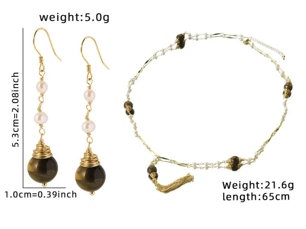 Natural Freshwater Pearl Tiger Eye Stone Earrings Necklace Set Luxurious Design Set Gift Wedding Banquet GS0216