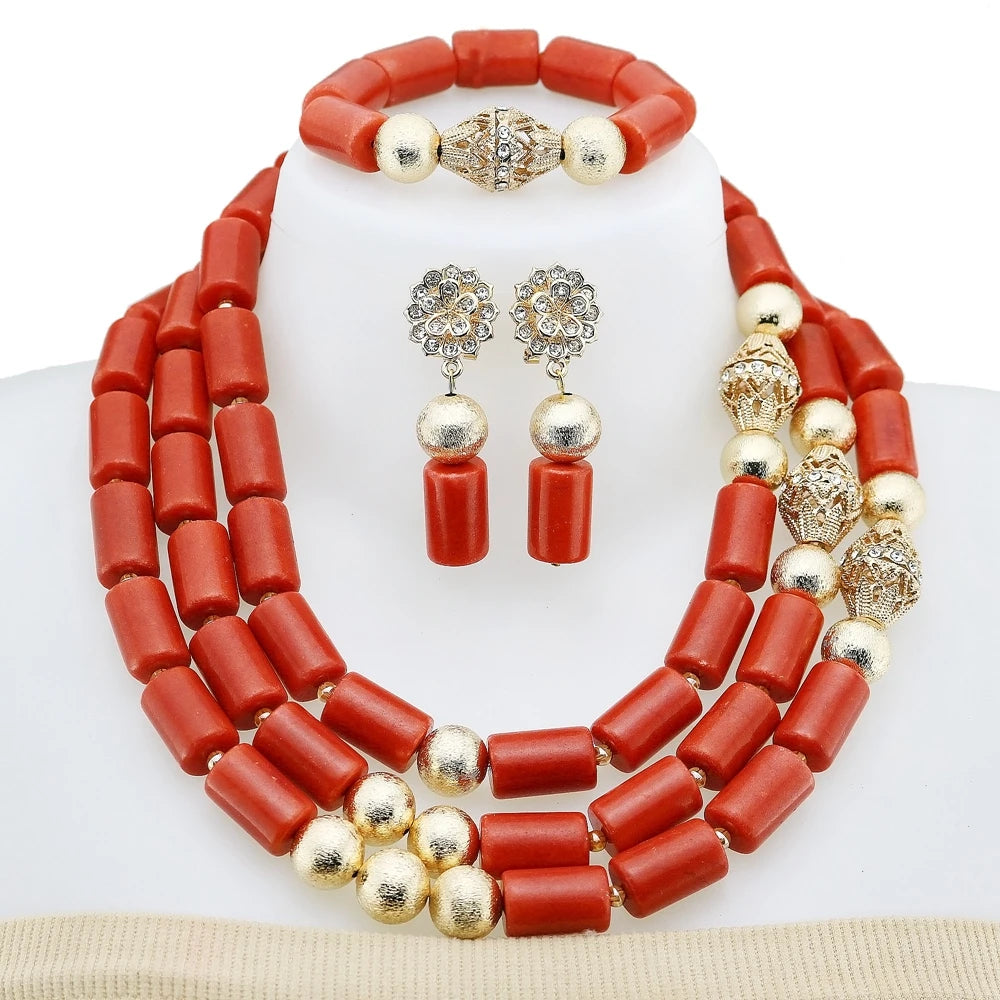 Zhuerrui Elegant Red Coral Beads Design Set Gold Accessories Necklace Sets Exquisite Craftsmanship Suitable for Party YL3132
