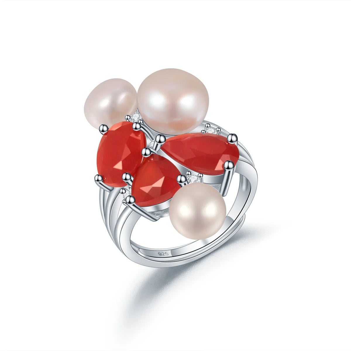 ArtistA Abiding Price Natural Red Agate Freshwater White Pearl Solid 925 Silver Adjustable Ring Pendant Earrings Jewelry Set