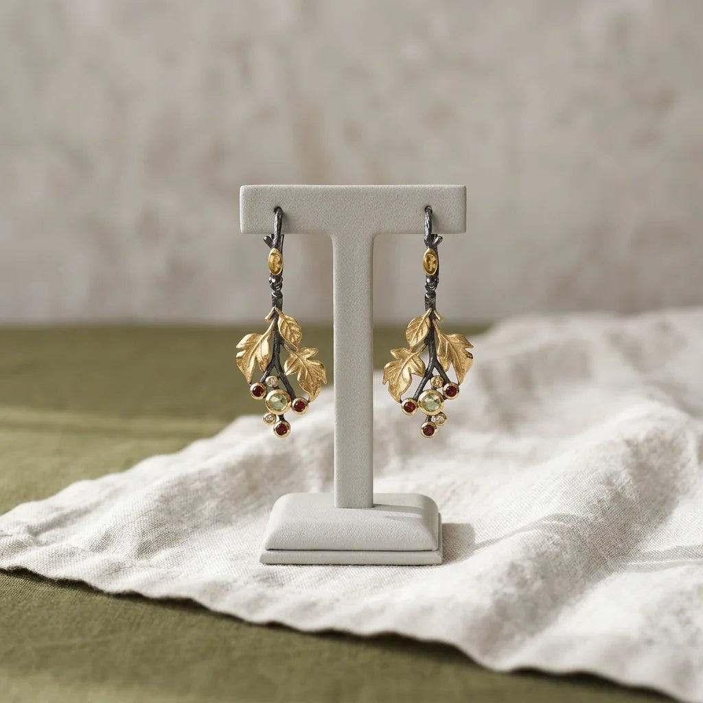 Italian Handmade Vintage Tree Leaves Peridot Stone 925 Sterling Silver 18K Gold Plated Women's Wedding Engagement Earrings