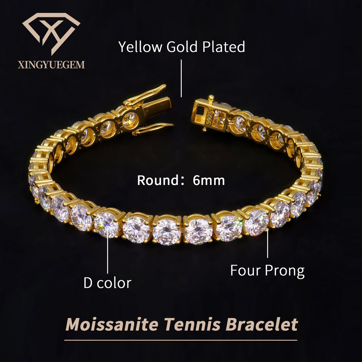 ArtistA Men Women Hip Hop Gra Certified Sterling 925 Silver Yellow Gold Plated Claw Setting Moissanite Tennis Chain Bracelet