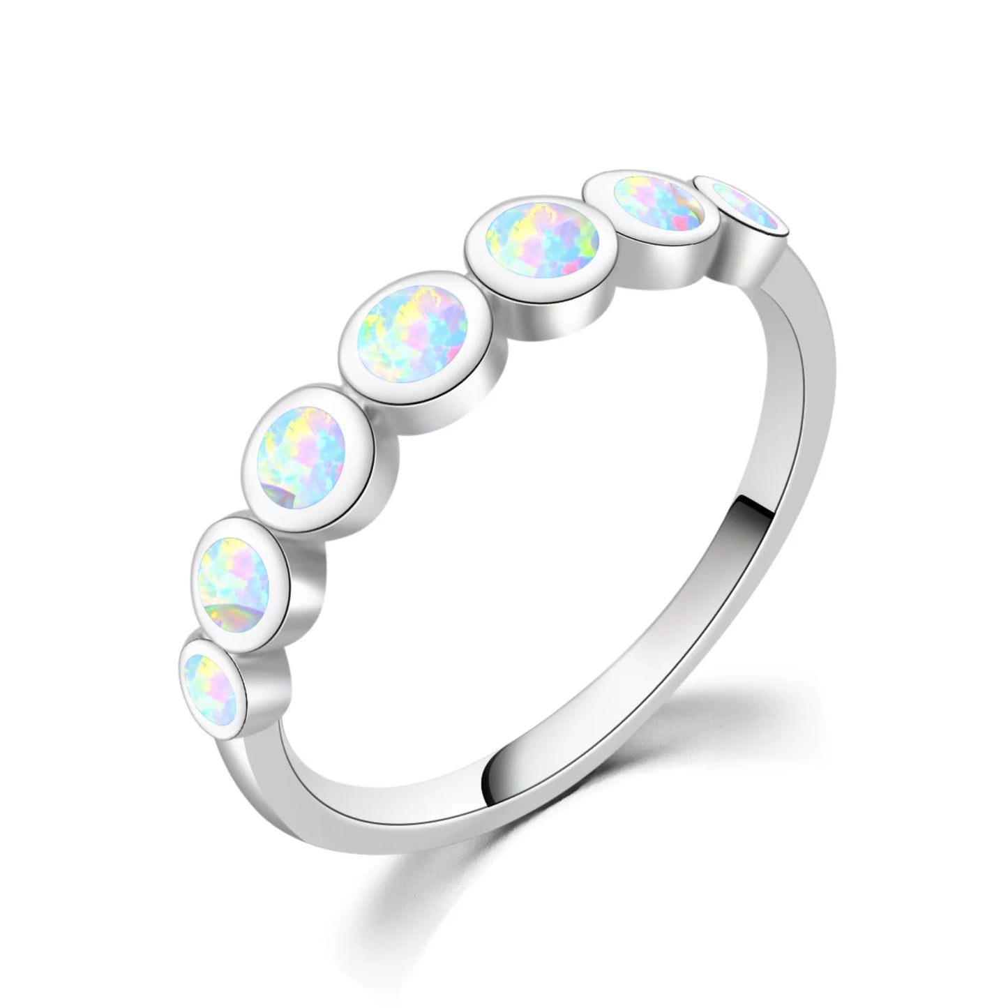 Gradient Round Blue Opal Stackable Ring | Iridescent Gem Inlay Band | Minimalist Layered Jewelry for Women Trendy Style