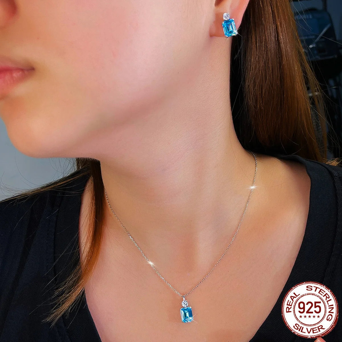 S&S 925 Sterling Silver Blue Baguette CZ Jewellery Set – Necklace & Earrings – Collection