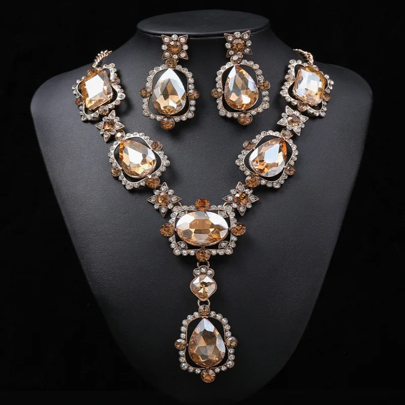 Crystal & Rhinestone Statement Necklace & Earrings Jewellery Set | Bold Retro Glam Fashion Set