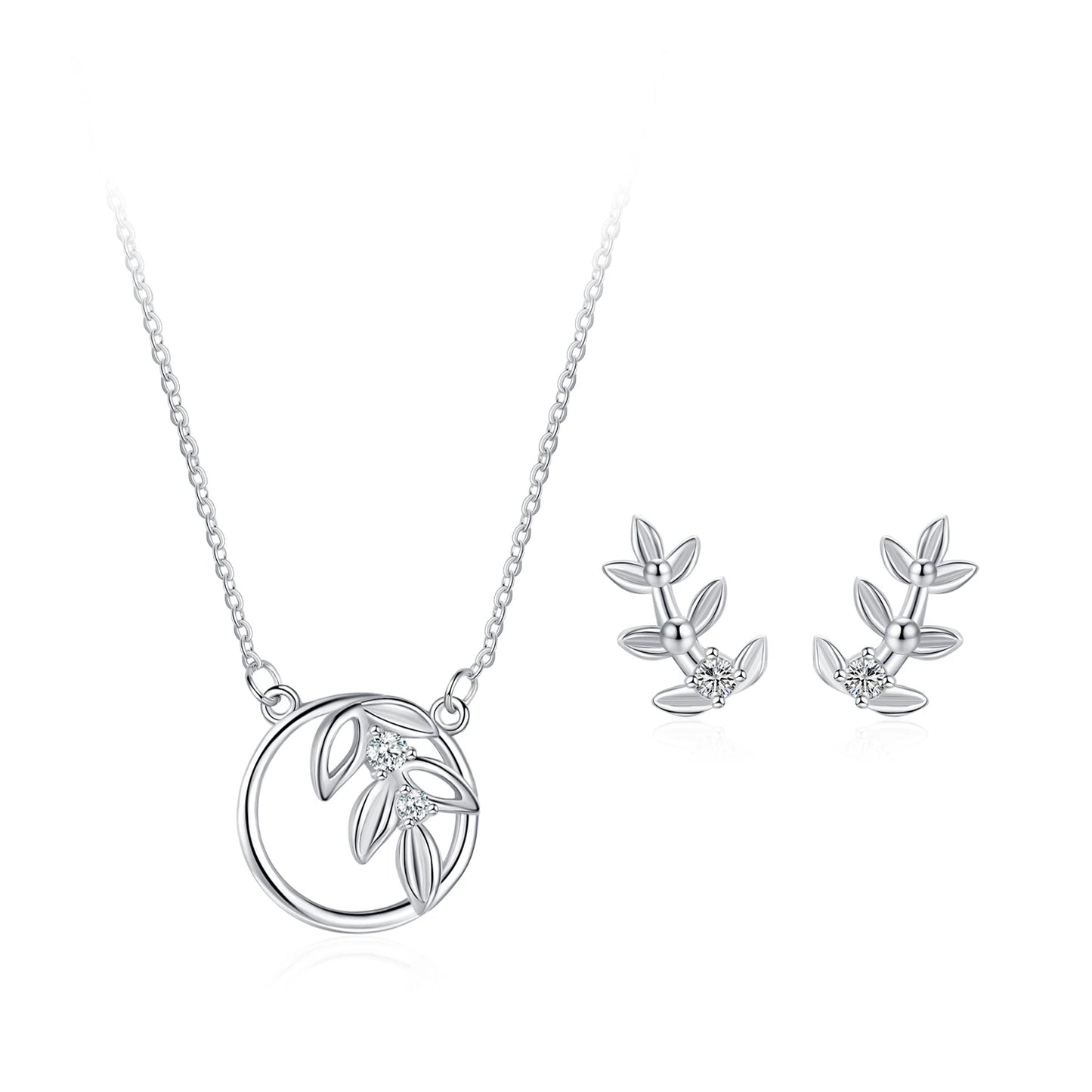 Ailmay 925 Sterling Silver Spring Tree Leaf Leaves Dangle Pendant Necklace Earrings For Women Girl Dazzling CZ Fine Jewelry
