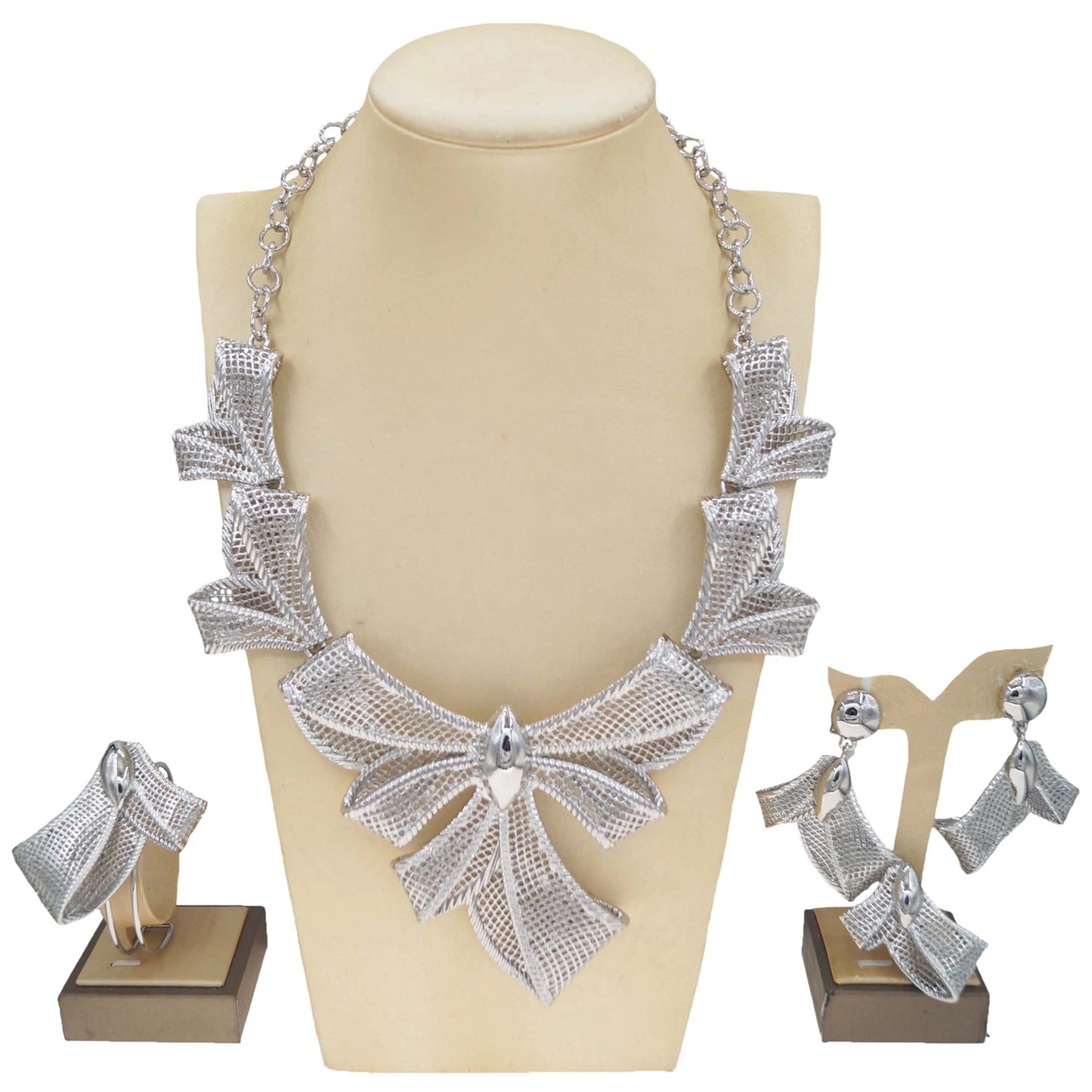 Zhuerrui New =Italian Jewelry 4-piece Set Gold Plated Bow Mesh Copper Ring Fashion Exquisite Ladies Party Jewelry Gift BoxH00774