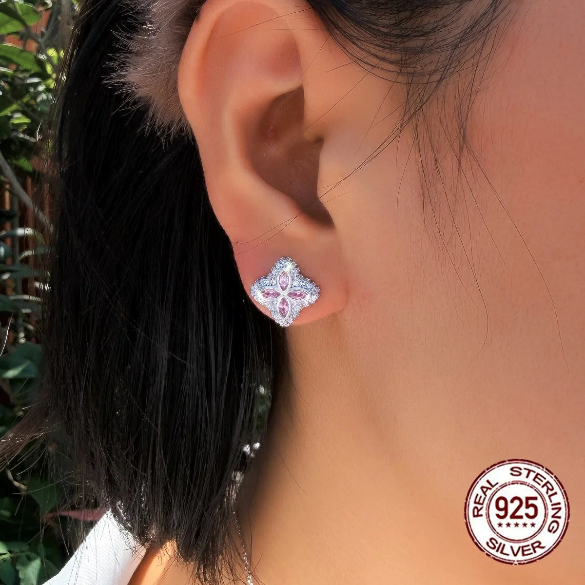 Sparkling Pink CZ 925 Sterling Silver Necklace and Earrings Bridesmaid Lucky Four Leaf Clover Jewelry Set for Women Daily Wear