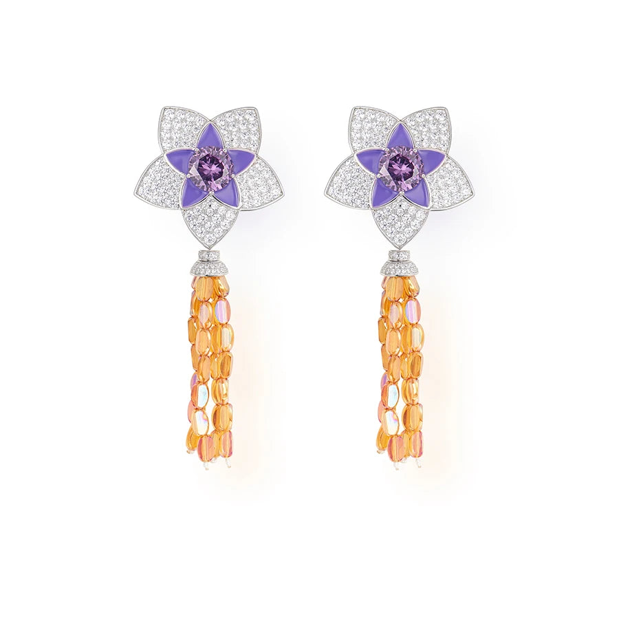 Four Flower Tassel Necklace Earring Set Brass Enamel Craftsmanship Retro Luxury Women's Evening Dress Jewelry