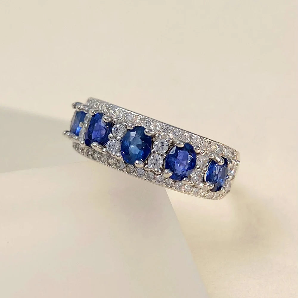 Gioiellieri Blue Sapphire Row Ring with Natural Multi Stone for Women S925 Sterling Silver Fine Jewelry Eternity Cluster Ring Gift Idea Her