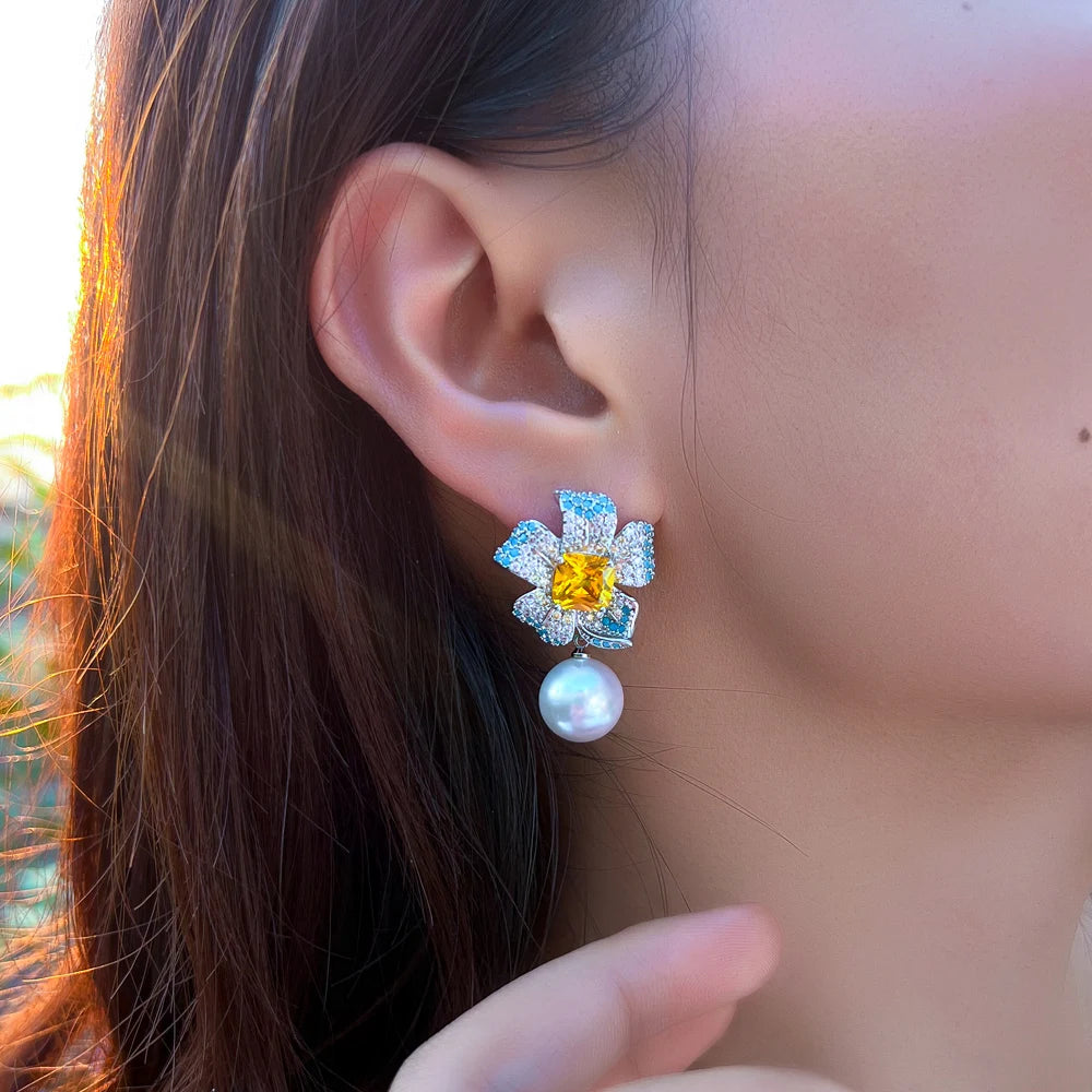 Women Elegant Jewelry Multicolor Cubic Zirconia Artificial Pearl Turquoise Big Flower Drop Earrings for Bridal Valentine's Day