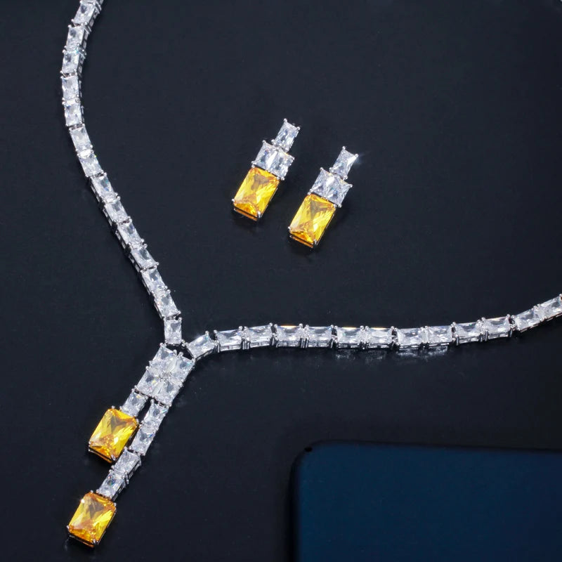 High Quality Shiny White Yellow Cubic Zircon Necklace and Earrings Party Wedding Jewelry Set for Women