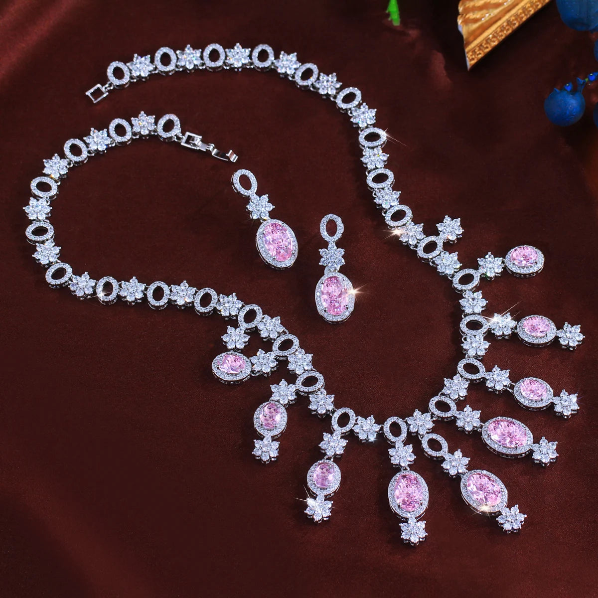 Flower Oval Cut Pink Cubic Zircon Tassel Necklace Earrings Luxury Wedding Engagement Jewelry Set for Women Birthday's Gifts