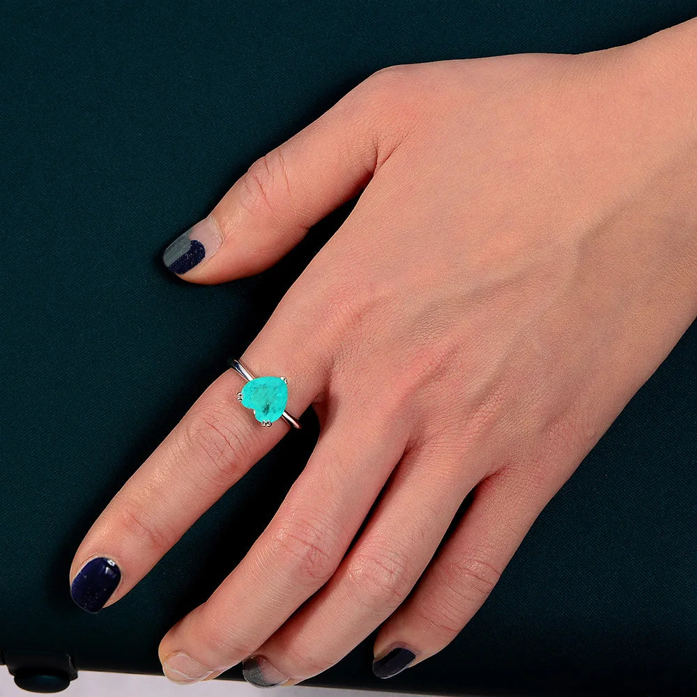MuShan Jewelry Factory 925 Silver Synthetic Paraiba Ring Fashionable and Simple 4ct Heart Shaped 10*10 Ring for Women
