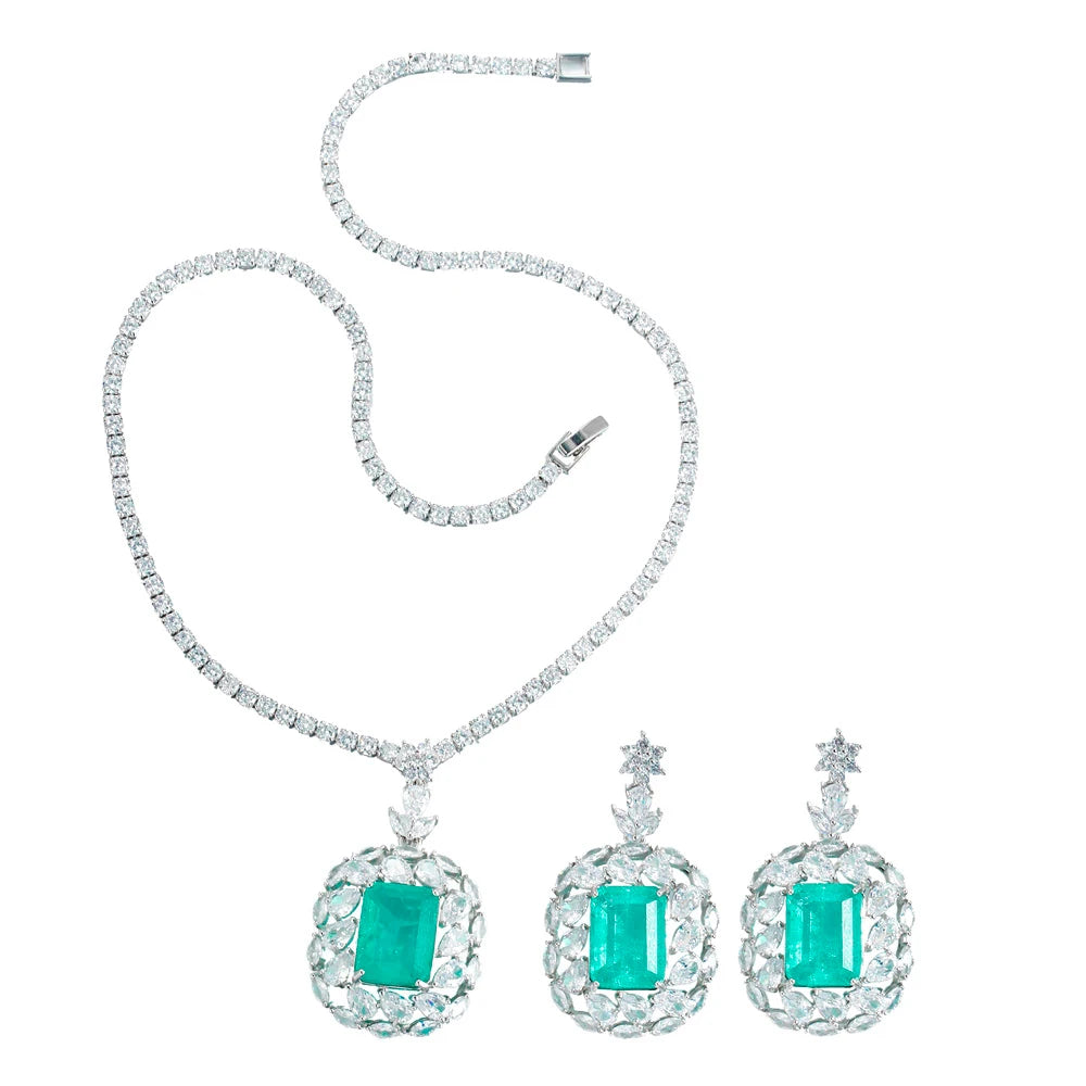 Silver Plated Green Princess Cut Cubic Zirconia Drop Necklace and Earring Jewelry Set for Women Bridal Engagement Luxury Costume