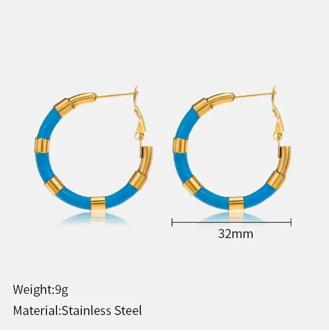 Colorful Oil-Dripping Stainless Steel Hoop Earrings Unique Simple Geometric Round Design 18K Gold-Plated for Ladies