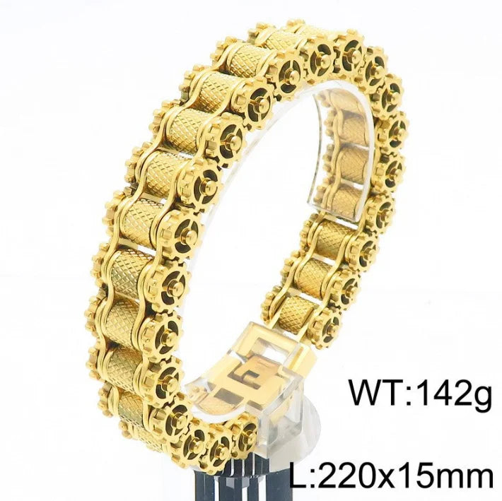 REBEL Men's Punk Motorcycle Chain Bracelet, Multi‑Color Plated Stainless Steel Hip Hop Biker Wrist Cuff, Street Fashion Jewelry Gifts