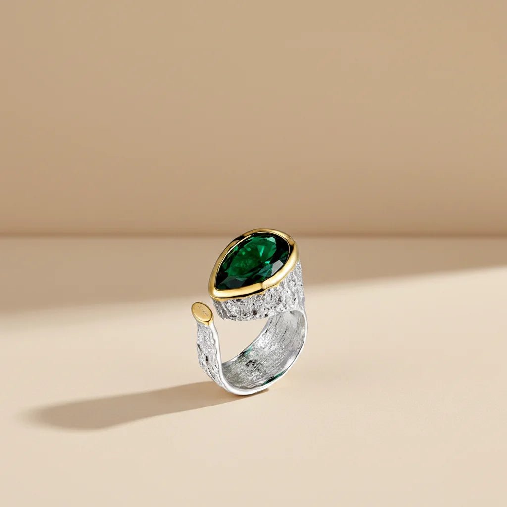 Pear Shape 925 Sterling Silver Green Spinel Ring with Gold Plated