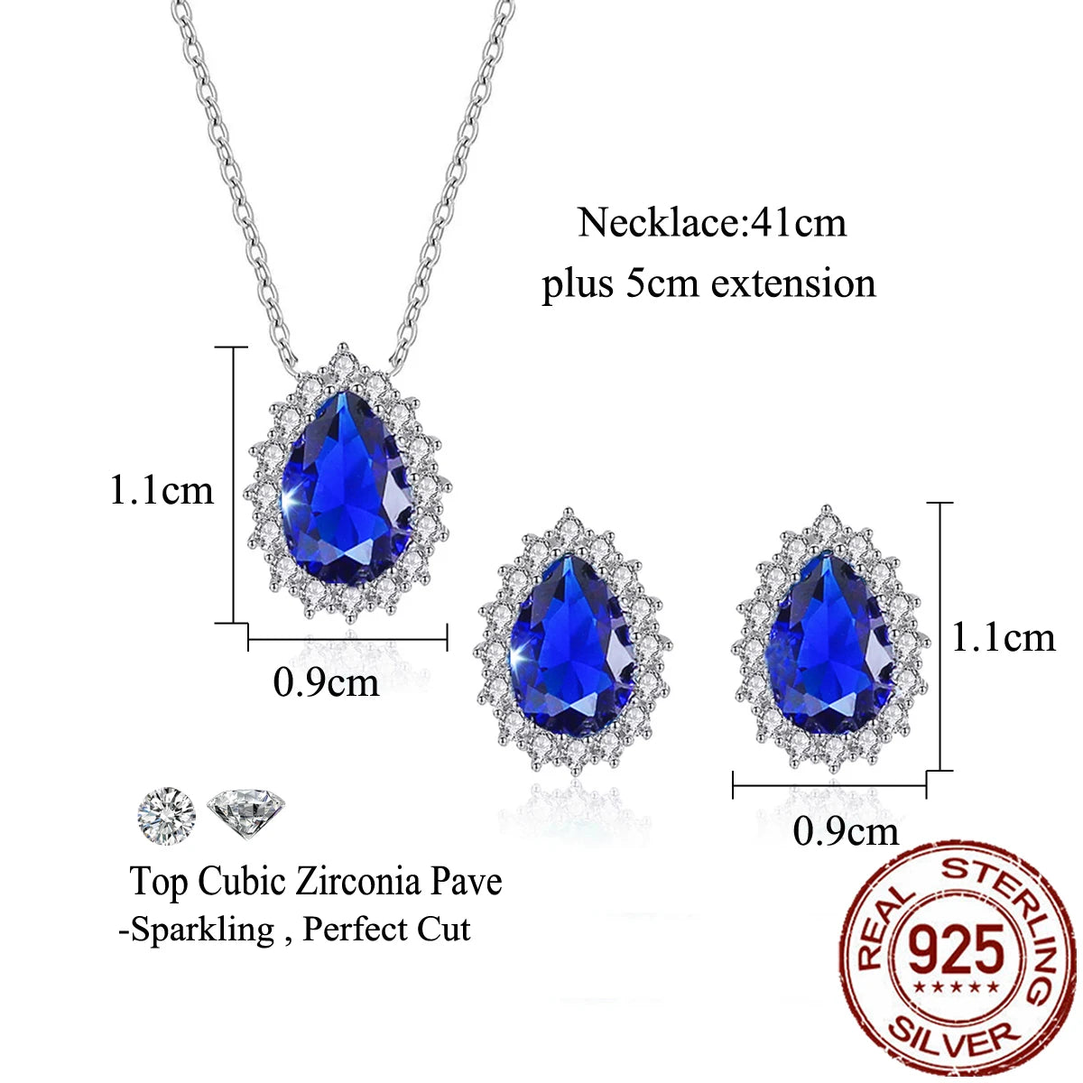 S&S 925 Silver Royal Blue CZ Teardrop Necklace & Earrings Set – Pear Cut – Rhodium Plated – Collection