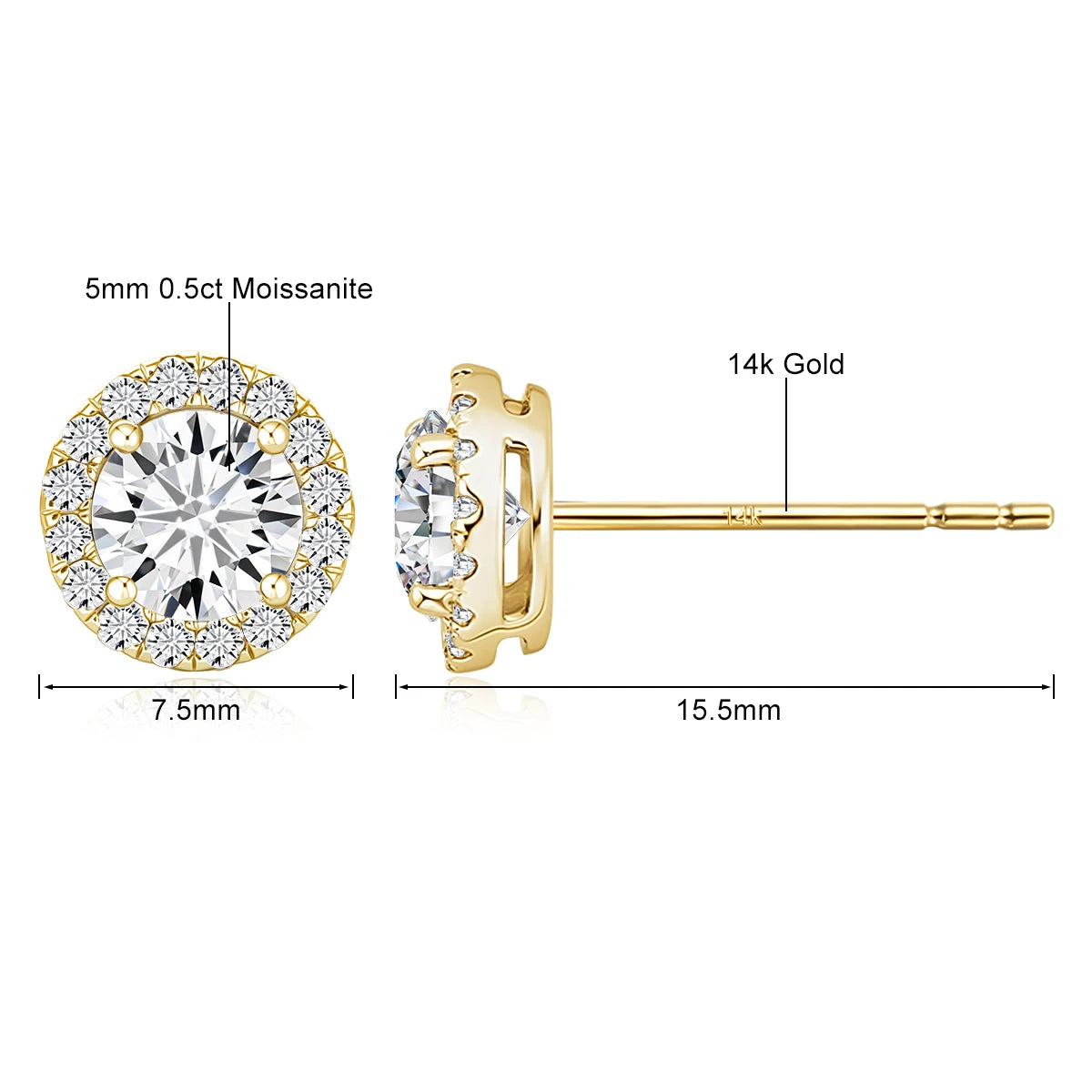 Gioiellieri Minimalist Designer Style 0.5ct Moissanite Diamond 14K Gold Halo Earrings Women's Holiday Valentine's Day Gift