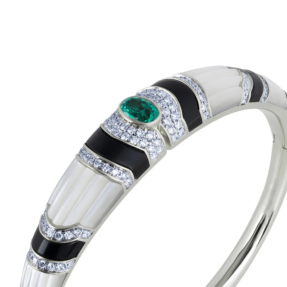 MUSHAN Jewelry Factory 925 Sterling Silver Bangle Luxury Bracelets Muzu Green Black Onyx and High Carbon Diamond Enamel Bangles
