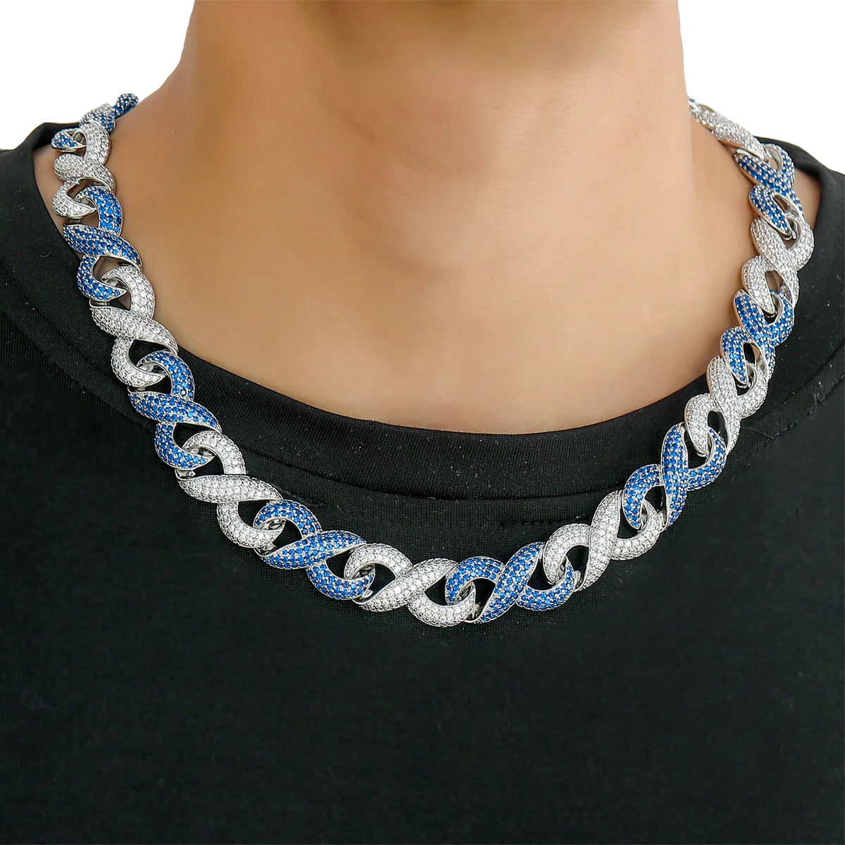 Men's Fashion Hip Hop 15mm Two-Color Infinite 8 Character Cuban Chain Necklace with Iced Zircon Jewelry Bracelet Necklace Set