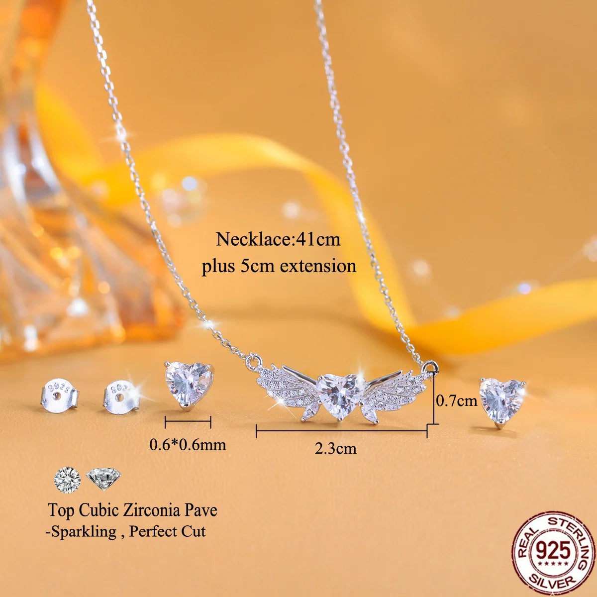 S&S 925 Silver Heart CZ Necklace & Earrings Set | Heart-Cut Zircon | Rhodium-Plated