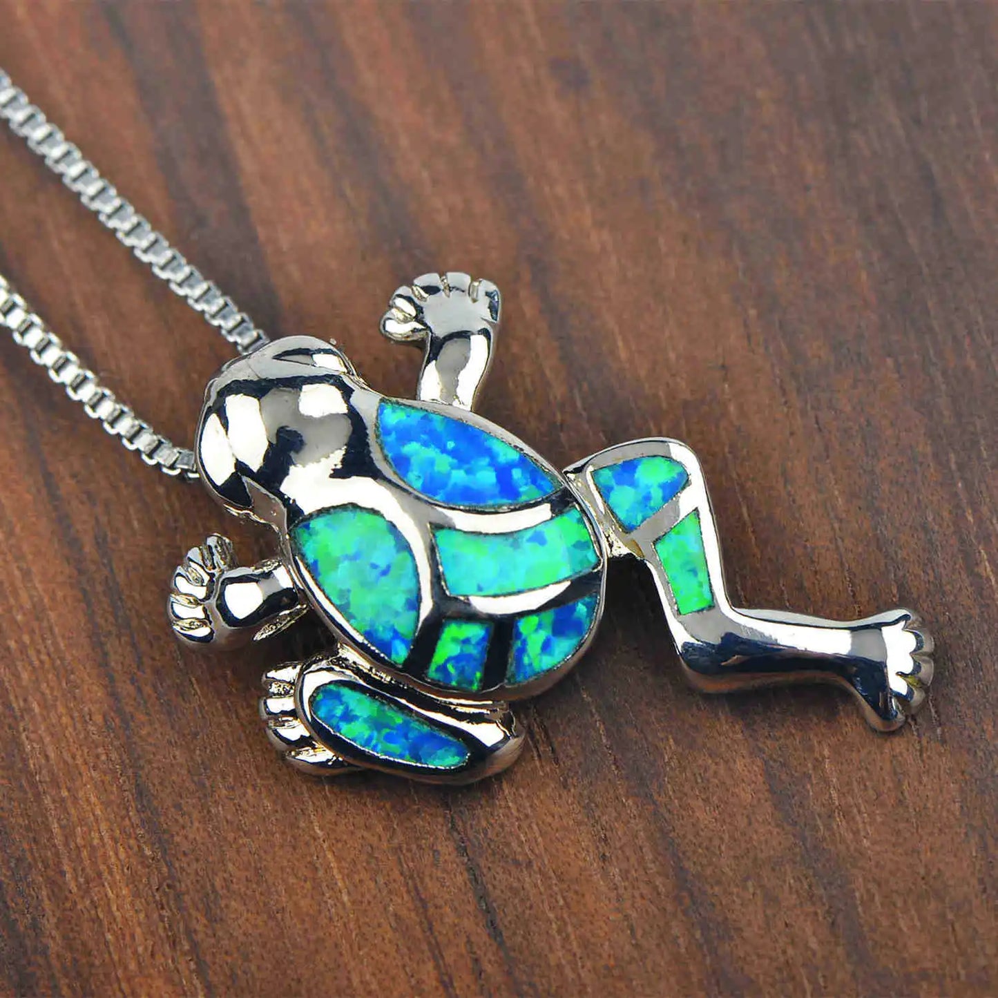 Vintage Inspired Blue Opal Frog Pendant Necklace Women's Elegant European Fashion Sweater Accessory