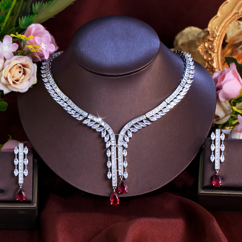 Statement White and Red Cubic Zirconia Stone Luxury Jewelry Set for Women Banquets Dates Parties Necklace Earrings Gifts