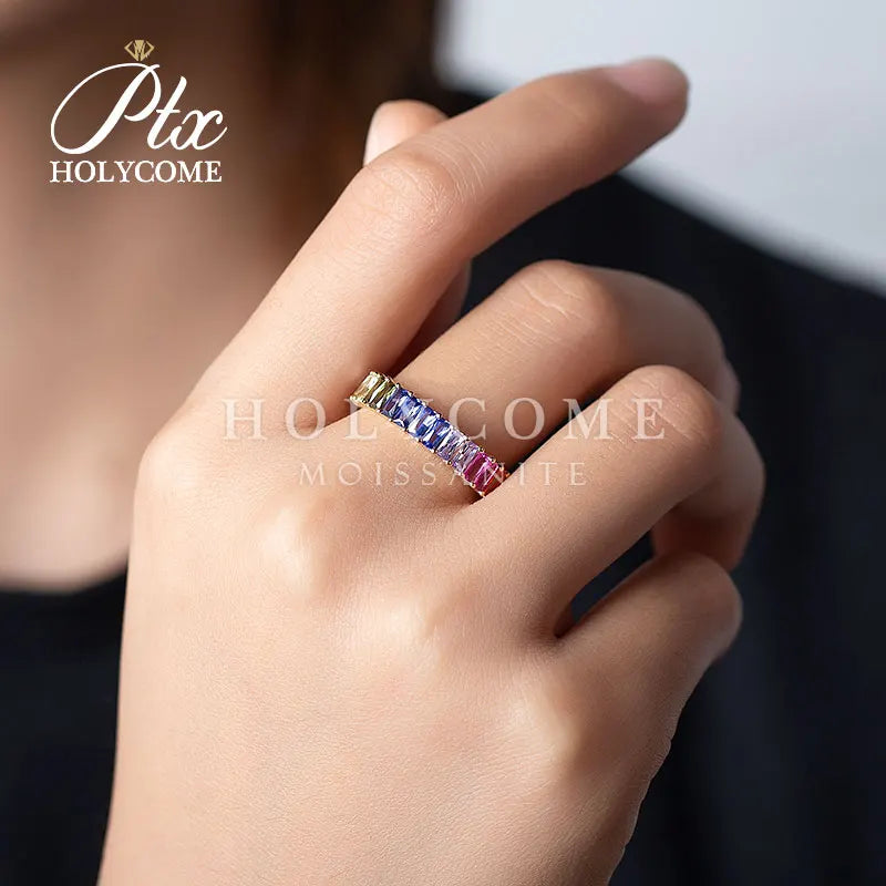 Gemfiori Real 18k Solid Gold Ring Colorful 3x5mm Rectangular Moissanite Diamond Women Ring Luxury Fashion Wedding Engagement Ring