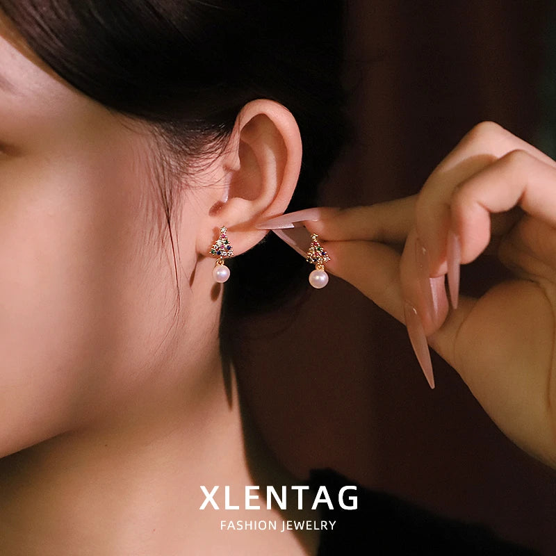 Natural Freshwater Pearl Zircon Christmas Tree Earrings Pendant Fashion Design Earrings Christmas Women's Jewelry GE1783