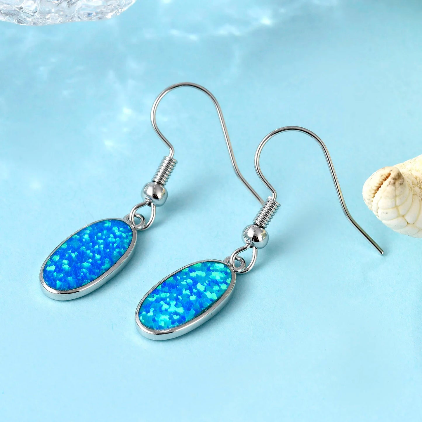 Geometric Opal Drop Earrings - Blue Fire Opal Solitaire & CZ Accent Design | Elegant Formal Jewelry Bulk Gifts