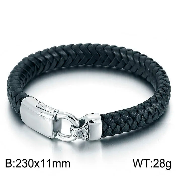 KALEN Trendy Braided Black Cowhide Leather and Stainless Steel Bracelet Men Double Chain