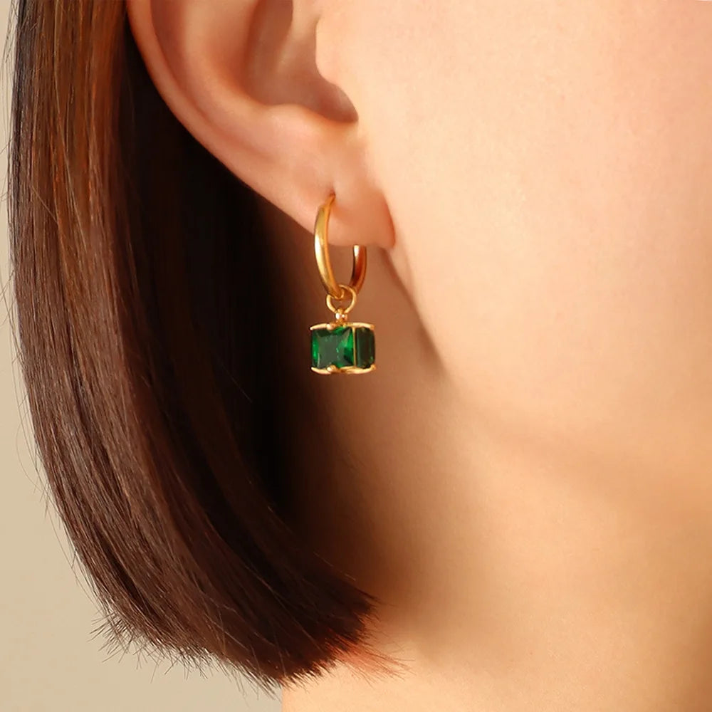 Four-Claw Emerald Zircon Necklace & Drop Earrings | Tarnish-Free Stainless Steel Editorial Fashion Jewellery