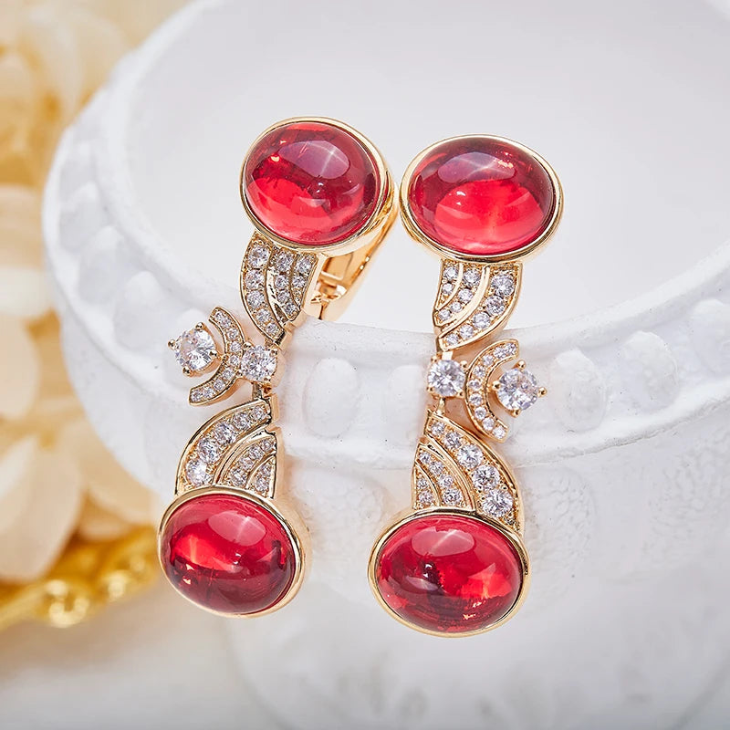 Brass Ruby Necklace Earring Rose Gold Set Anti Allergy High Quality Chain Gorgeous Women's Evening Dress Jewelry