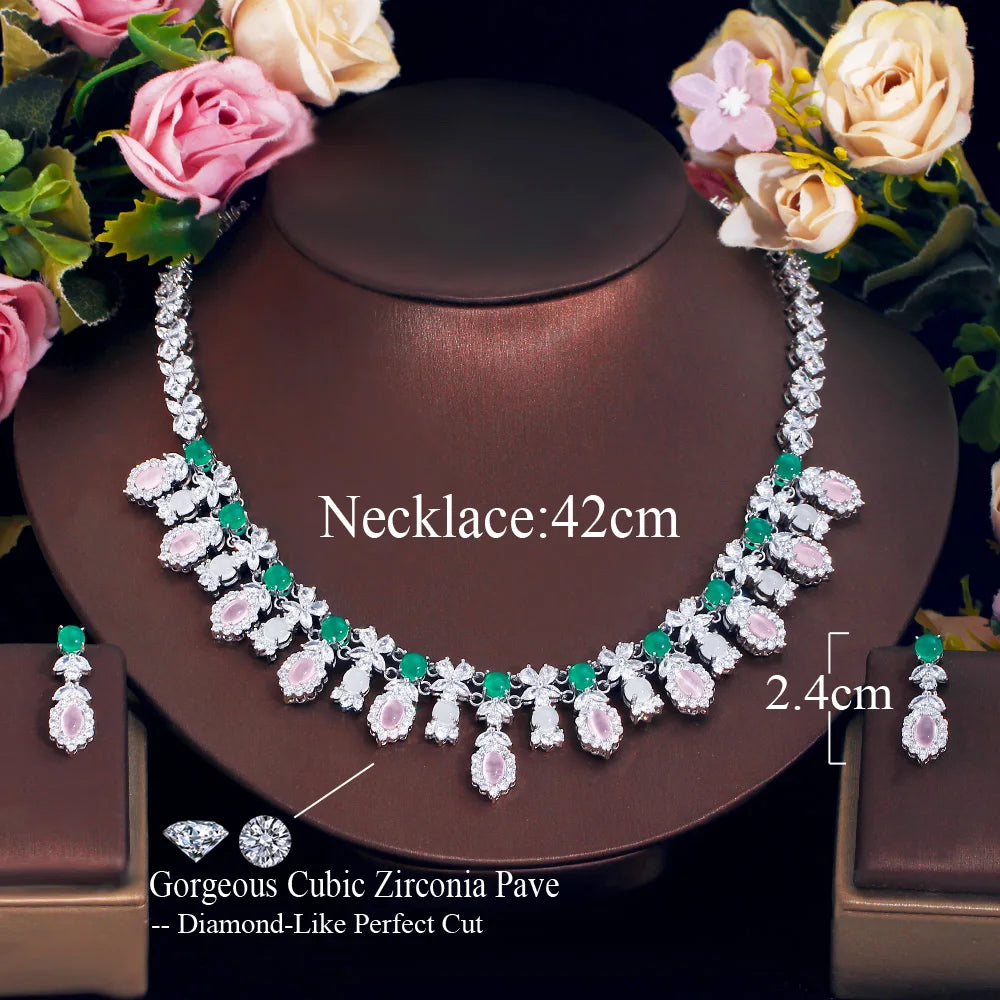 Women Fancy and Elegant Leaf Flower Shape Pink CZ Necklace Earrings Green Opal Cubic Zirconia Wedding Jewelry Set for Bridal